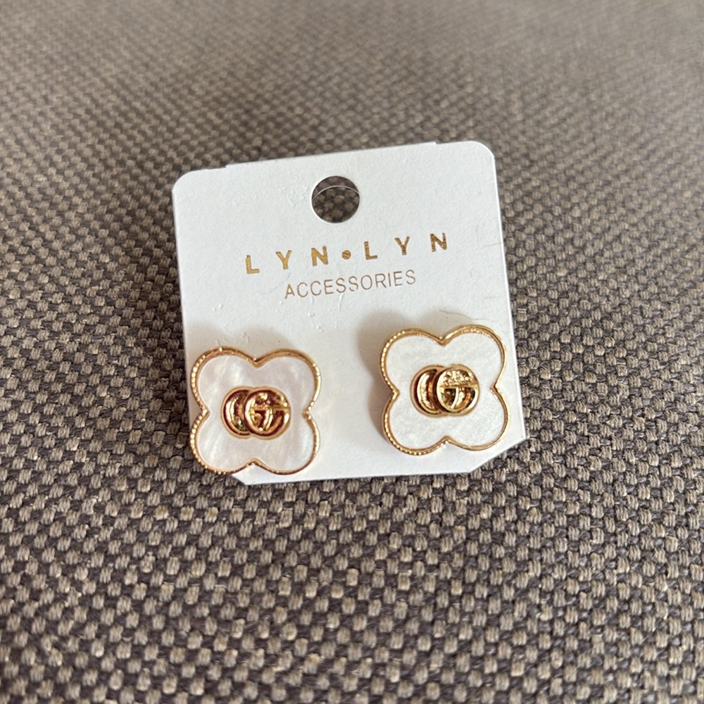 Gold and Opal White LV Gucci Logo Earrings - designer bling - Picture 2 of 14